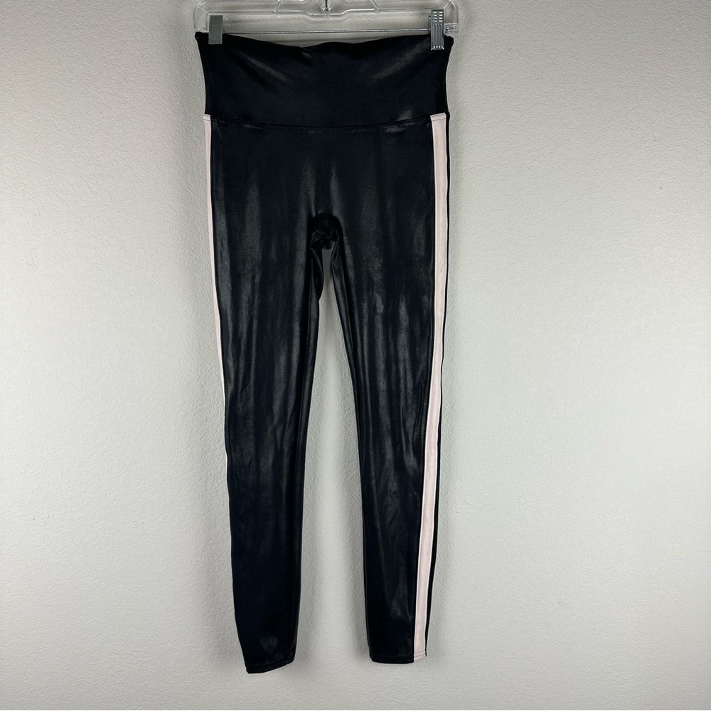 Spanx Black Pink White Side Stripe Faux Leather Leggings Size Medium